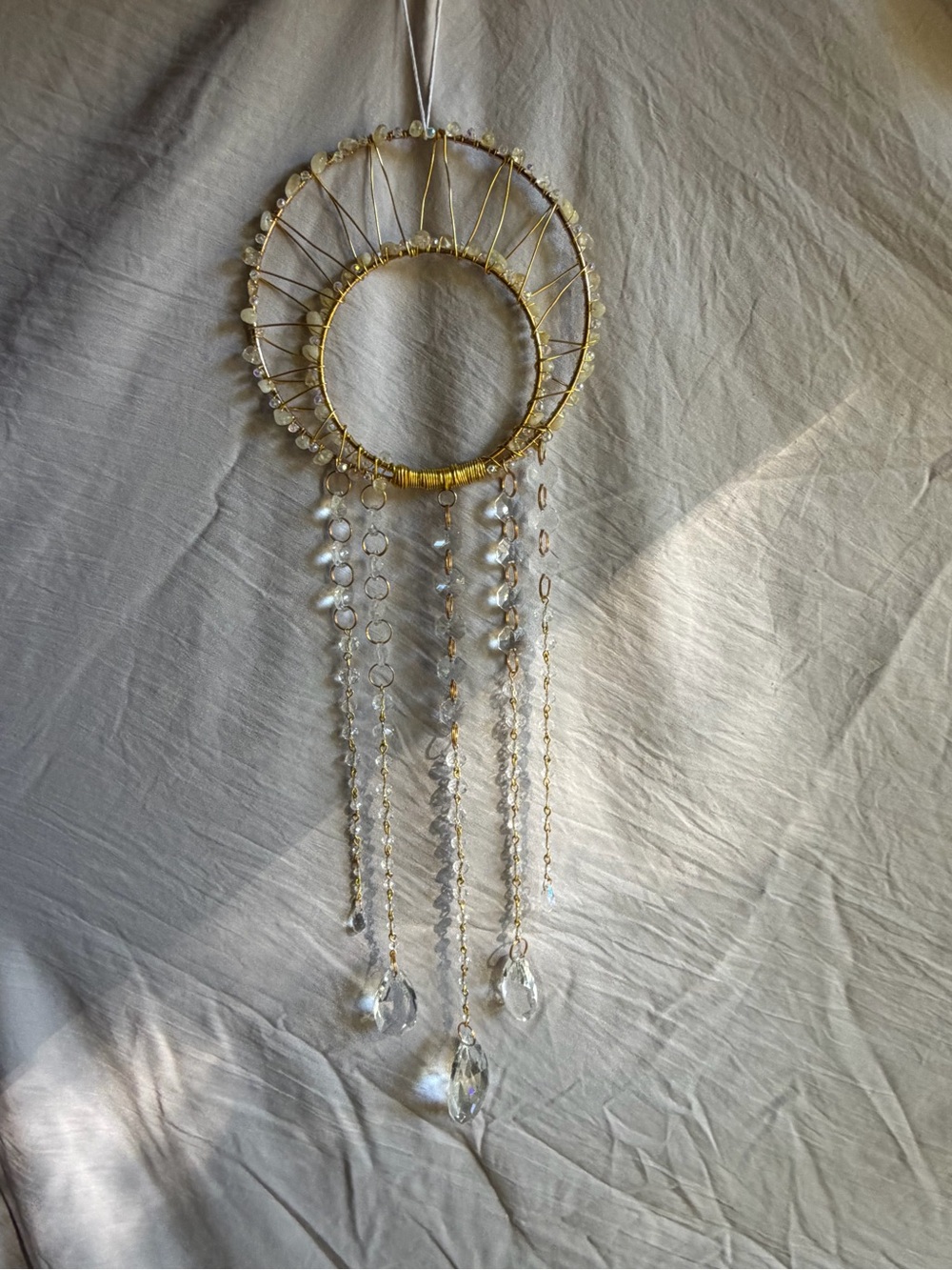 Handmade Golden Moon Crystal Suncatcher | Wire Wrapped Celestial Window Decor